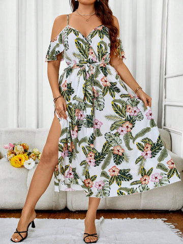 Women's Plus Size Plant Printed Split Dress