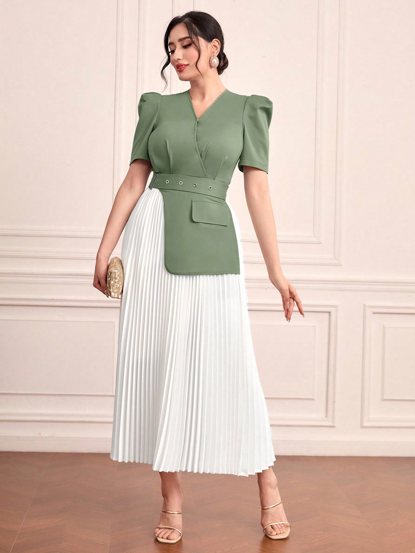 Color Block V-Neck Dress With Pleated Hem And Cinched Waist