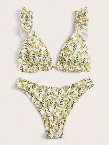 Summer Beach Floral Print Ruffle Trim Bikini Set