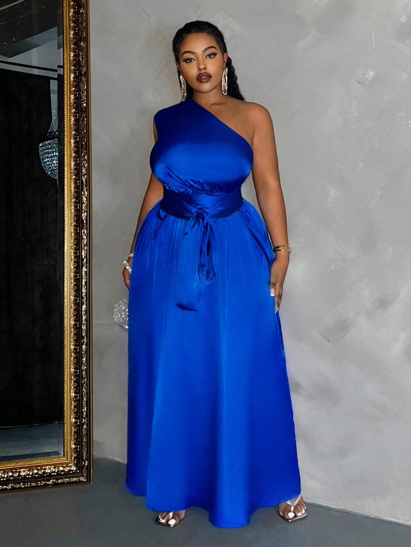 Elegant Plus Size Women Sleeveless Dress With Shoulder Strap, Wavy Hem And Pleats, Blue Satin Woven With Elastic Yarn