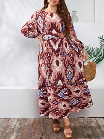 Plus Size Vintage Printed Lantern Sleeve Dress