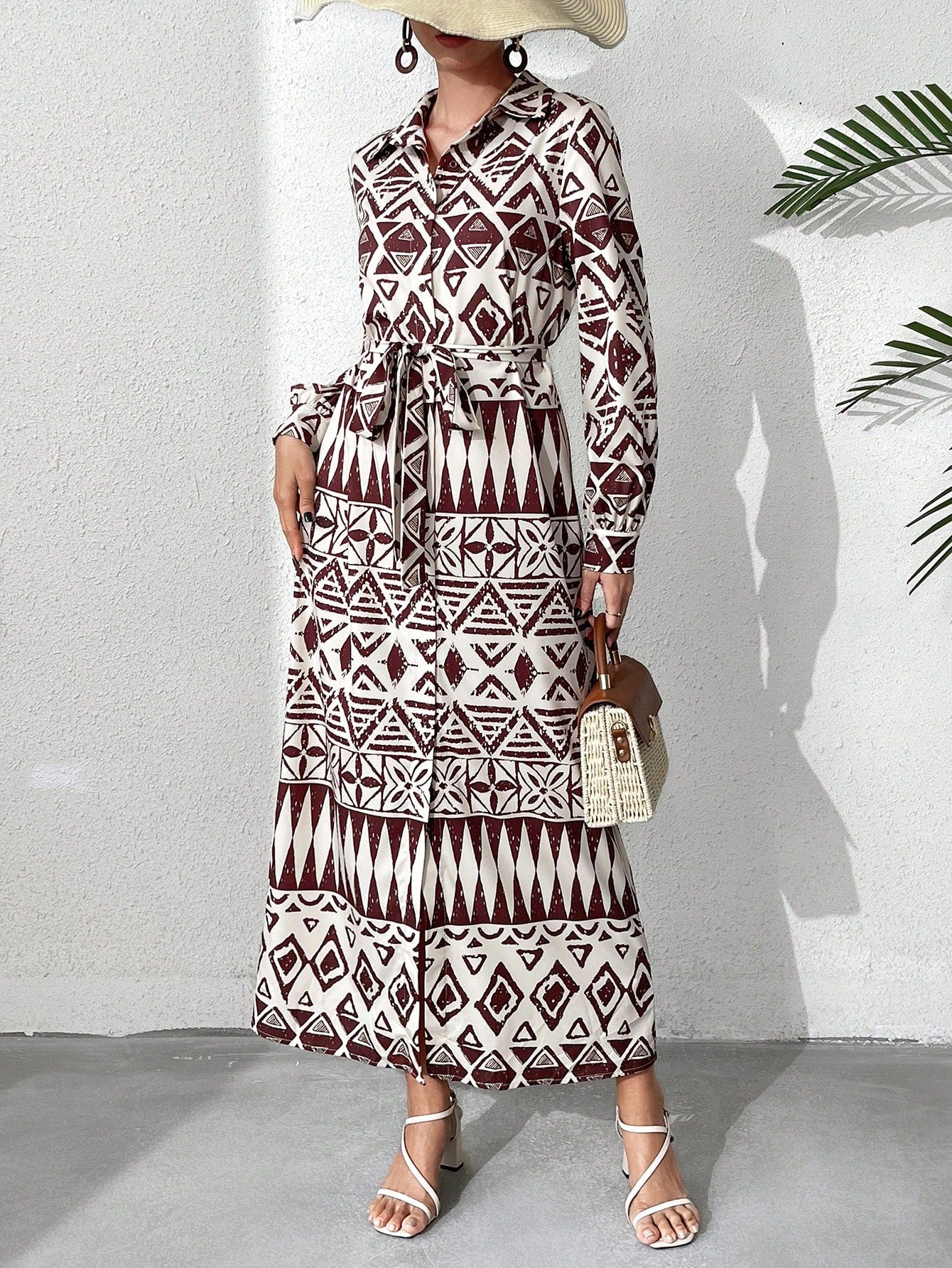 Women's Geometric Printed Long Sleeve Arabic Style Dress