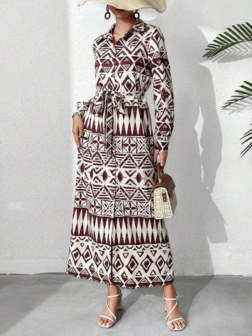 Women's Geometric Printed Long Sleeve Arabic Style Dress