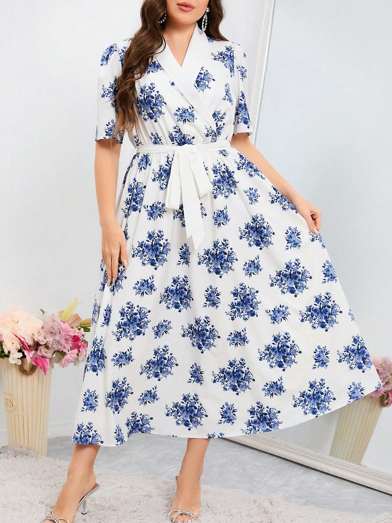 Plus Size Floral Print A-Line Dress With Shawl Collar