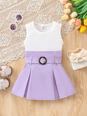 Baby Girl Envelope Waist Sleeveless Top With Pleated Skirt And Vacation Belt 2pcs Set