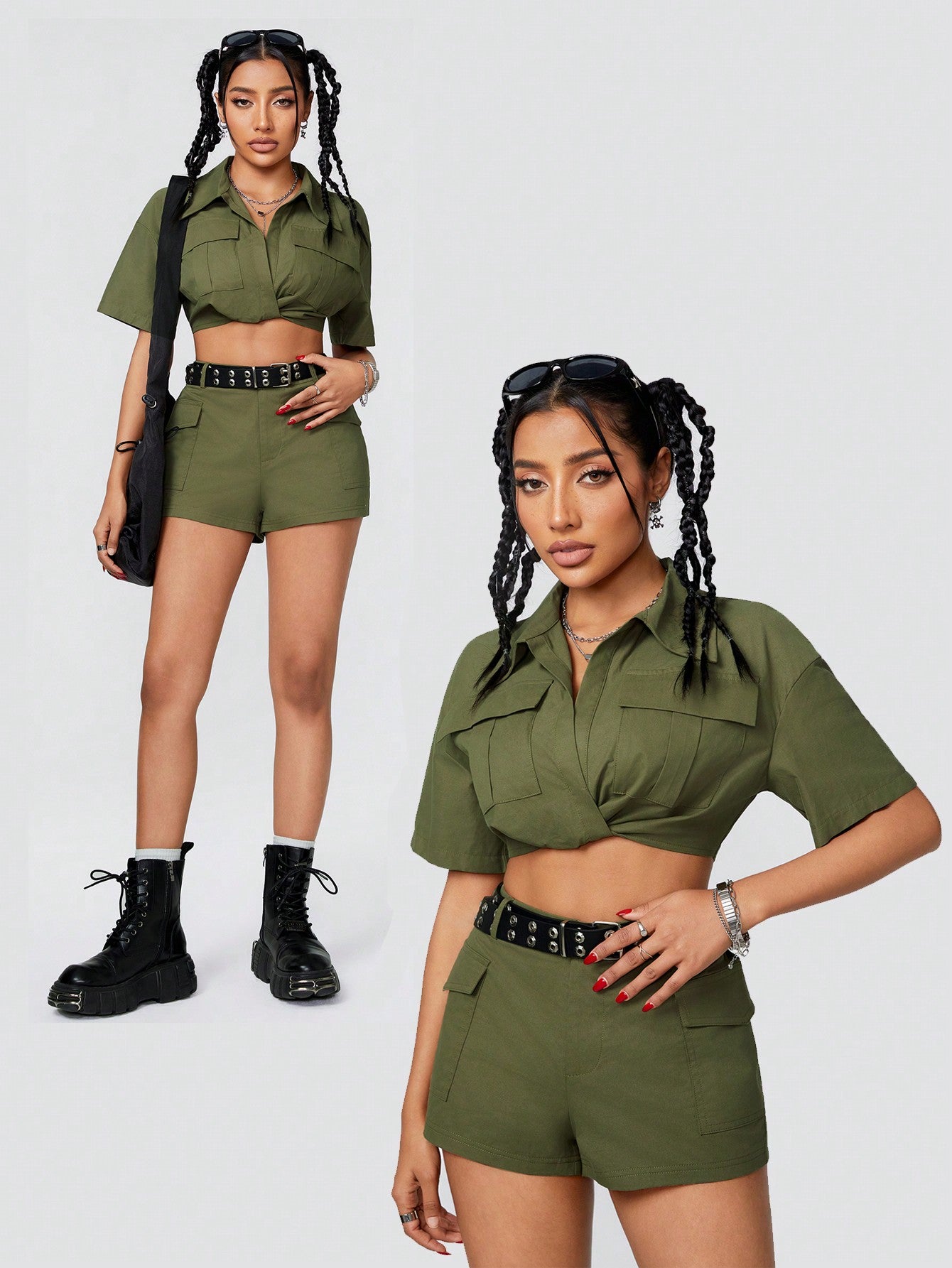 2pcs/Set Short Sleeve Cargo Shirt And Shorts