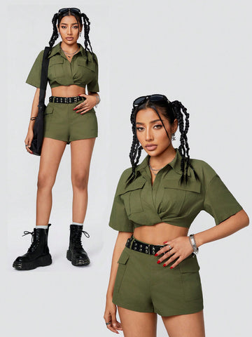 2pcs/Set Short Sleeve Cargo Shirt And Shorts