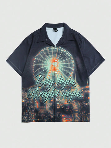 Men Slogan Ferris Wheel Print Short Sleeve Hawaiian Shirt, Vacation Shirt For Summer