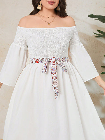 Plus Size Hollow Out Flare Sleeve Open Shoulder Dress