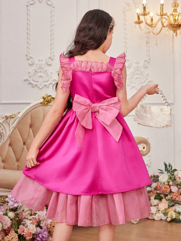 Tween Girl Jacquard Color Block Organza Dress With Ruffle Strap And Satin Ribbon, Form Fitting