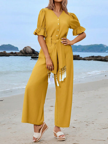 Women's Solid Color Puff Sleeve Top And Wide Leg Pants Two-Piece Set