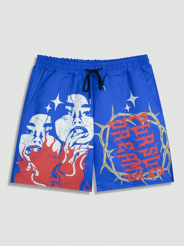 Men's Printed Woven Shorts With Cartoon Characters And Letters, Suitable For Spring And Summer