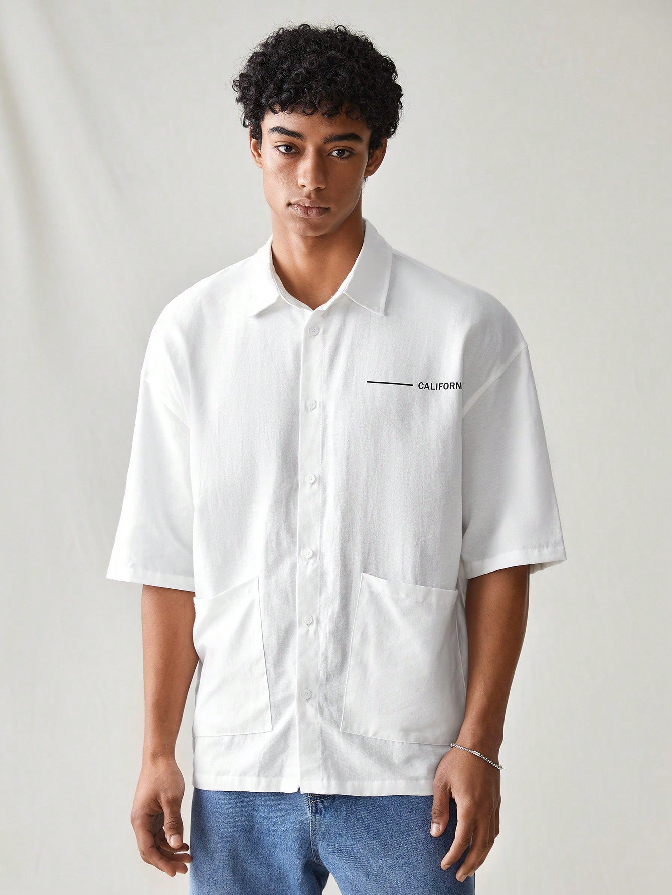 Men's Casual Shirt With Letter Print And Double Pockets