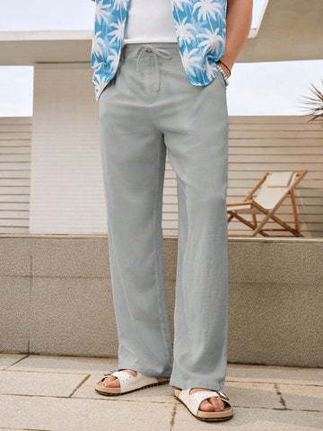 Men's Solid Color Woven Casual Pants, Suitable For Spring And Summer