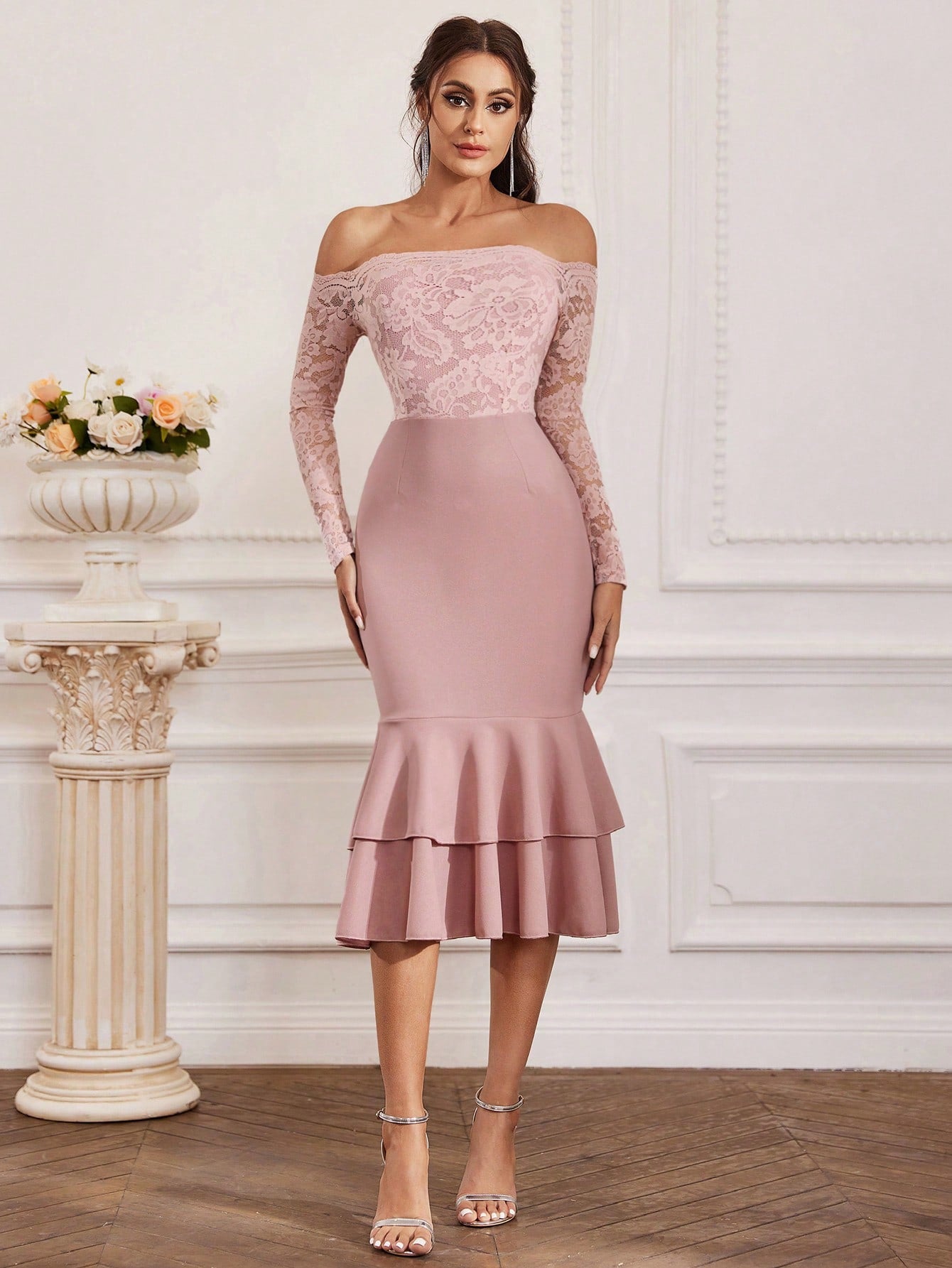 Women's Off Shoulder Long Sleeve Lace Spliced Bodycon Dress With Mermaid Hem For Bridesmaid