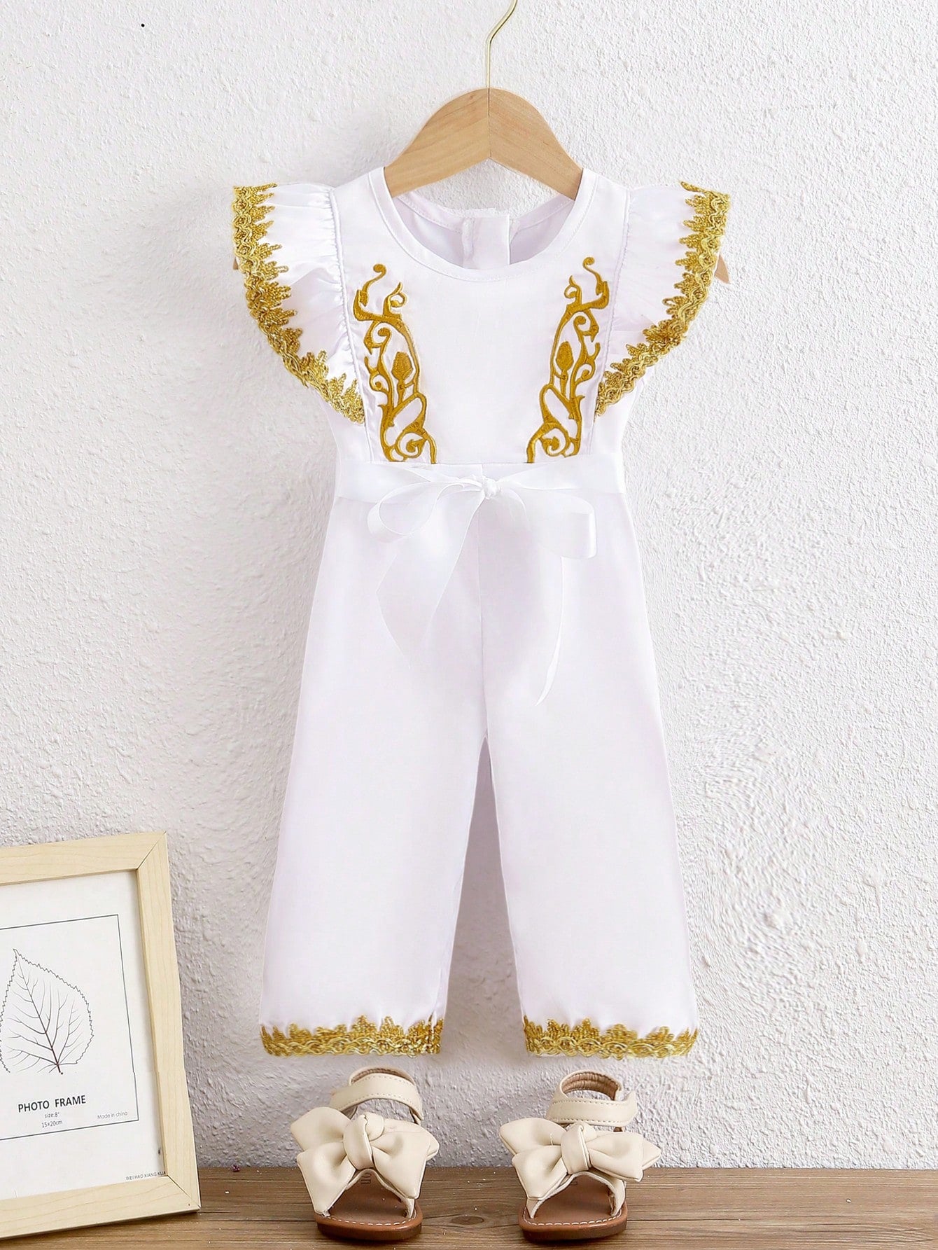 Baby Girl Summer White Style Conservative Golden Embroidery Elegant, , Gorgeous, Cute, Daily, Casual, Trendy Jumpsuits