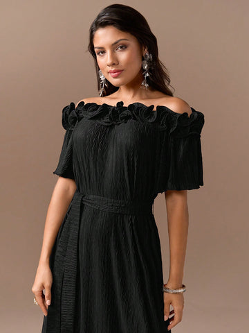 Women'S Solid Off Shoulder Ruffle Trim Decorated Bodycon Dress