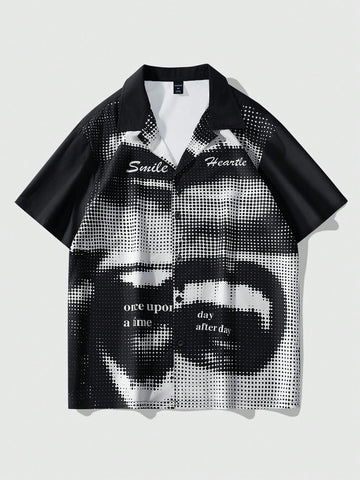 Men's Short Sleeve Shirt With Letter Print And Blurred Portrait Pattern, Suitable For Spring And Summer