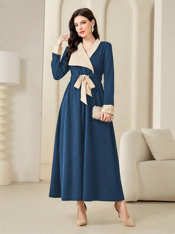 Contrasting Color Waist-Tie Long Sleeve Casual Dress