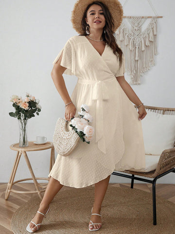 Plus Swiss Dot Butterfly Sleeve Wrap Belted Summer Dress