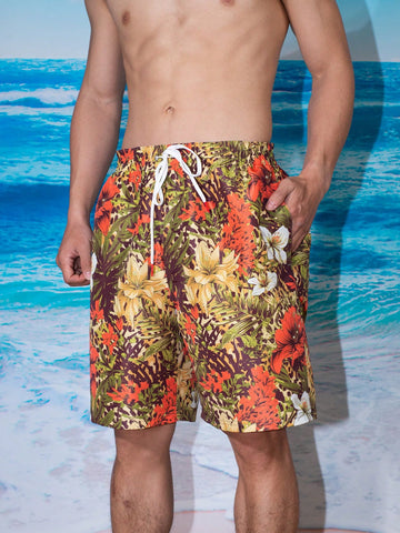 Men's Vacation Style Tropical Plant Print Beach Shorts