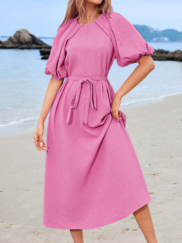 Women's Puff Sleeve Belted Dress