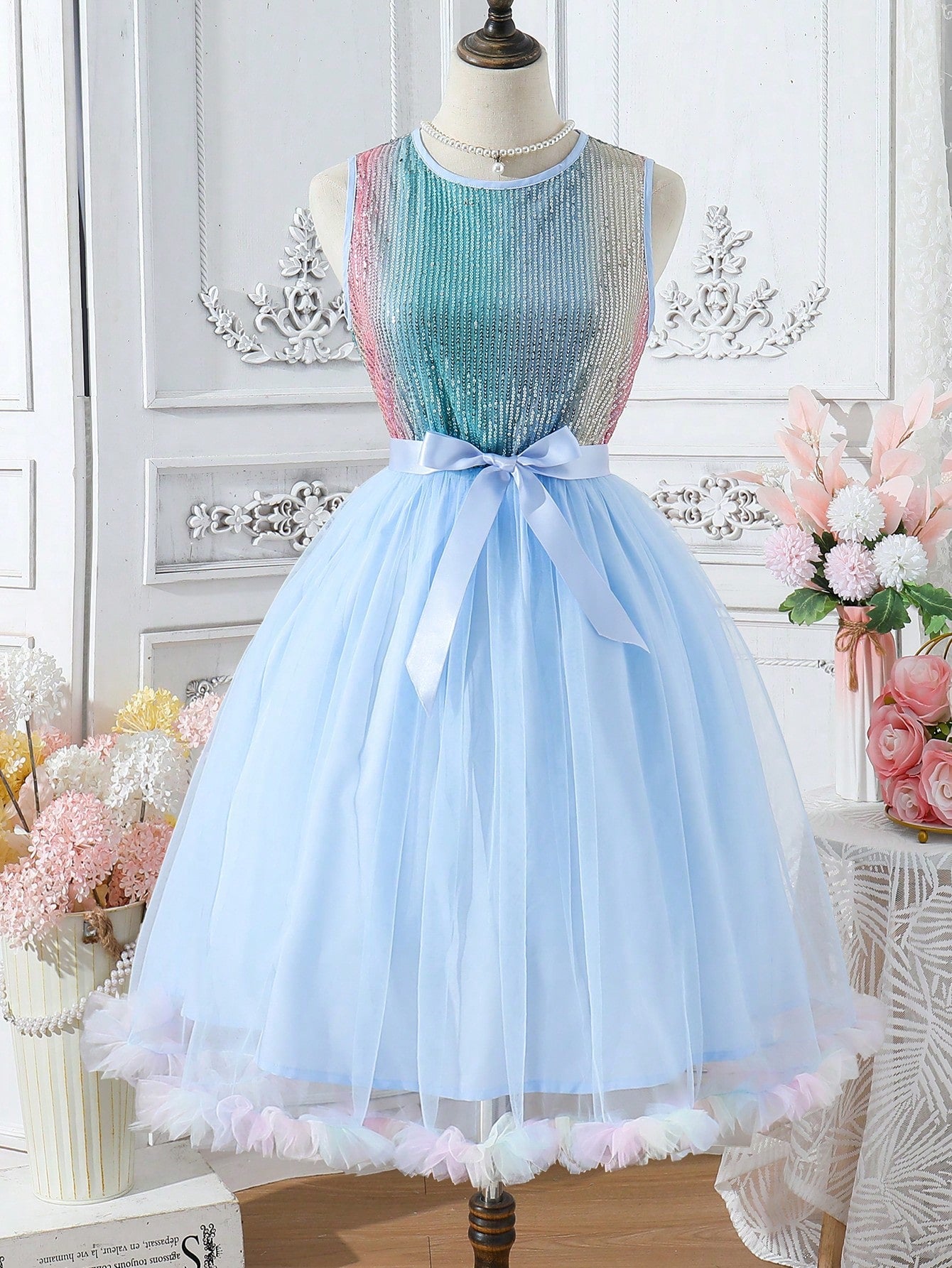 Teen Girl Elegant Glitter Mesh Dress, Suitable For Summer, Festival