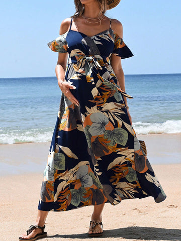 Maternity Open Shoulder Short Sleeve Dress With Tropical Plant Print