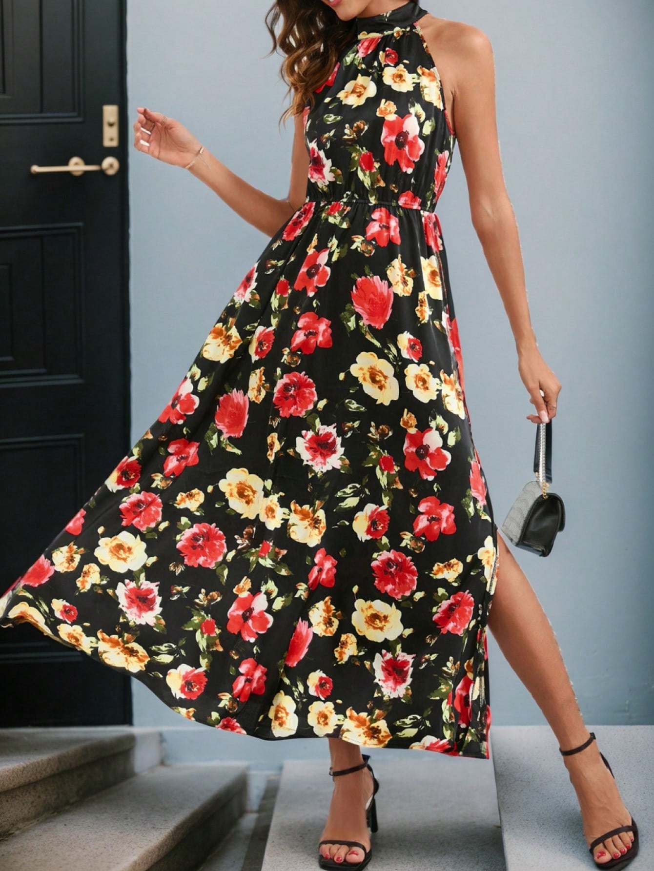 Floral Print Sleeveless A-Line Wedding Long Dress With Slit And Drawstring Waist