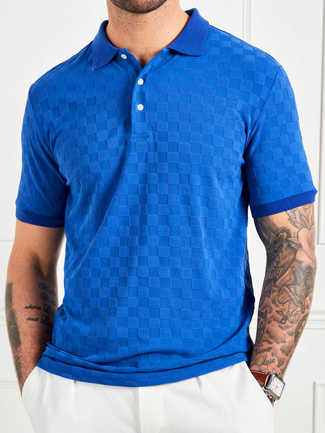 Men's Spring And Summer Casual Fit Blue Checkerboard Terry Jacquard Polo Shirt