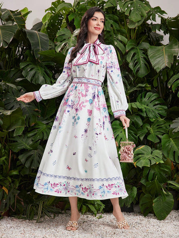 Women's Long Floral Print Belted Lantern Sleeve Dress, Perfect For Vacation