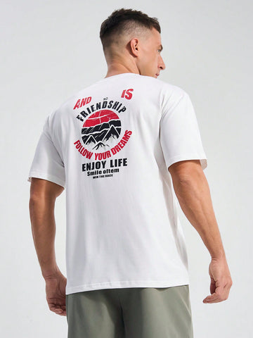 Men's Mountain And Slogan Print Short Sleeve Sports T-Shirt