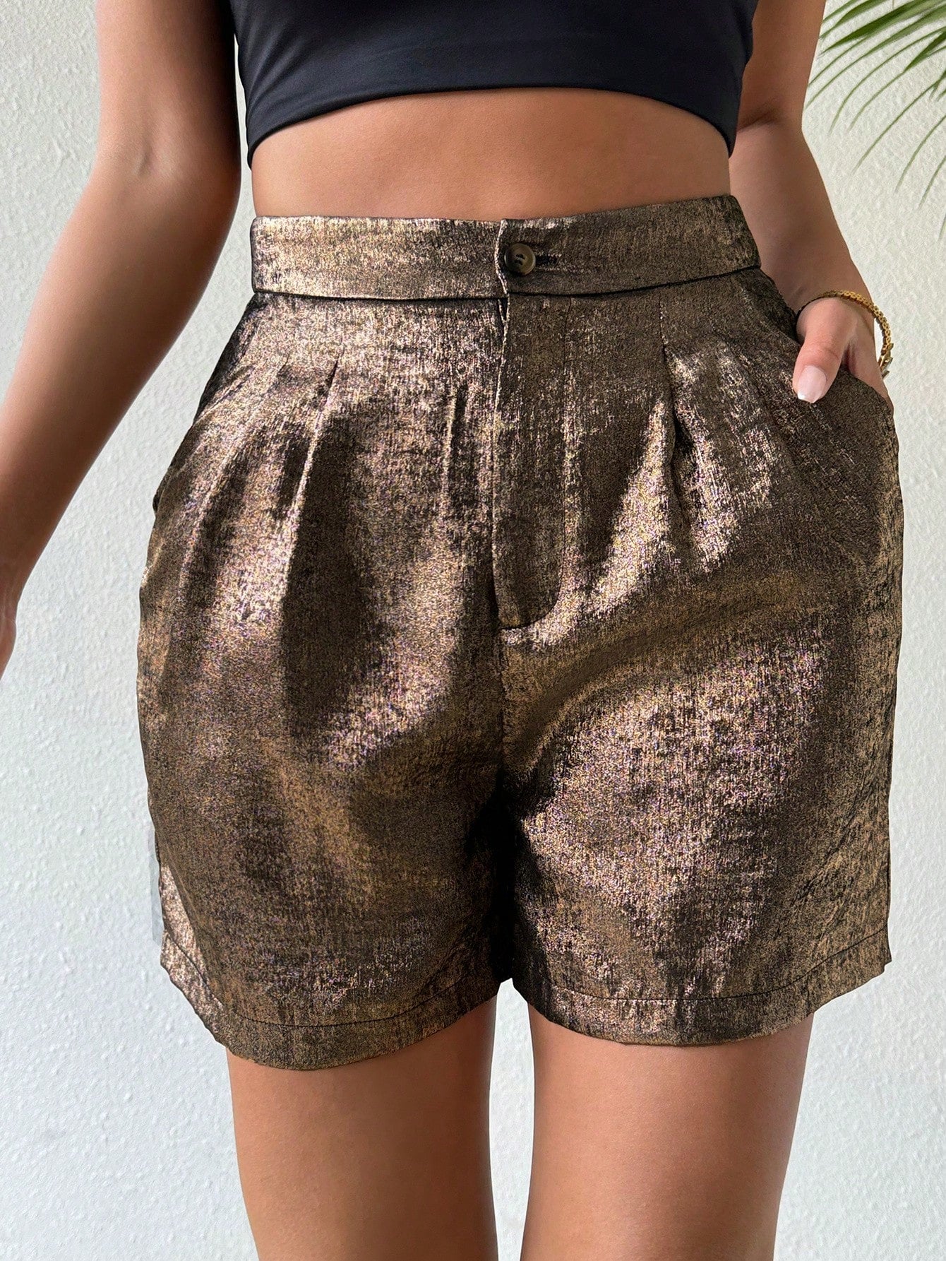 Fashionable Women Shorts With A Golden Gloss And Pockets