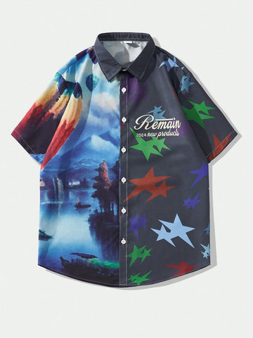 Men's Printed Patchwork Short Sleeve Beach Shirt, Suitable For Daily Wear In Spring And Summer