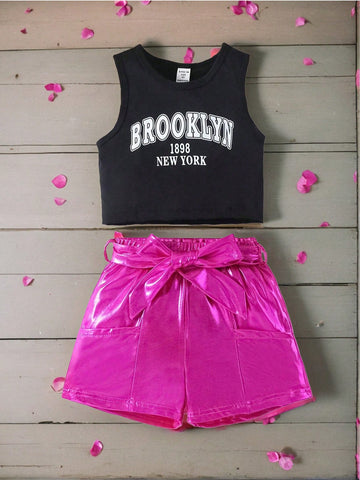 2pcs/Set Young Girls' Casual Sports Round Neckline Sleeveless Crop Top & Elastic Waistband Solid Color Shorts With Belt, Summer