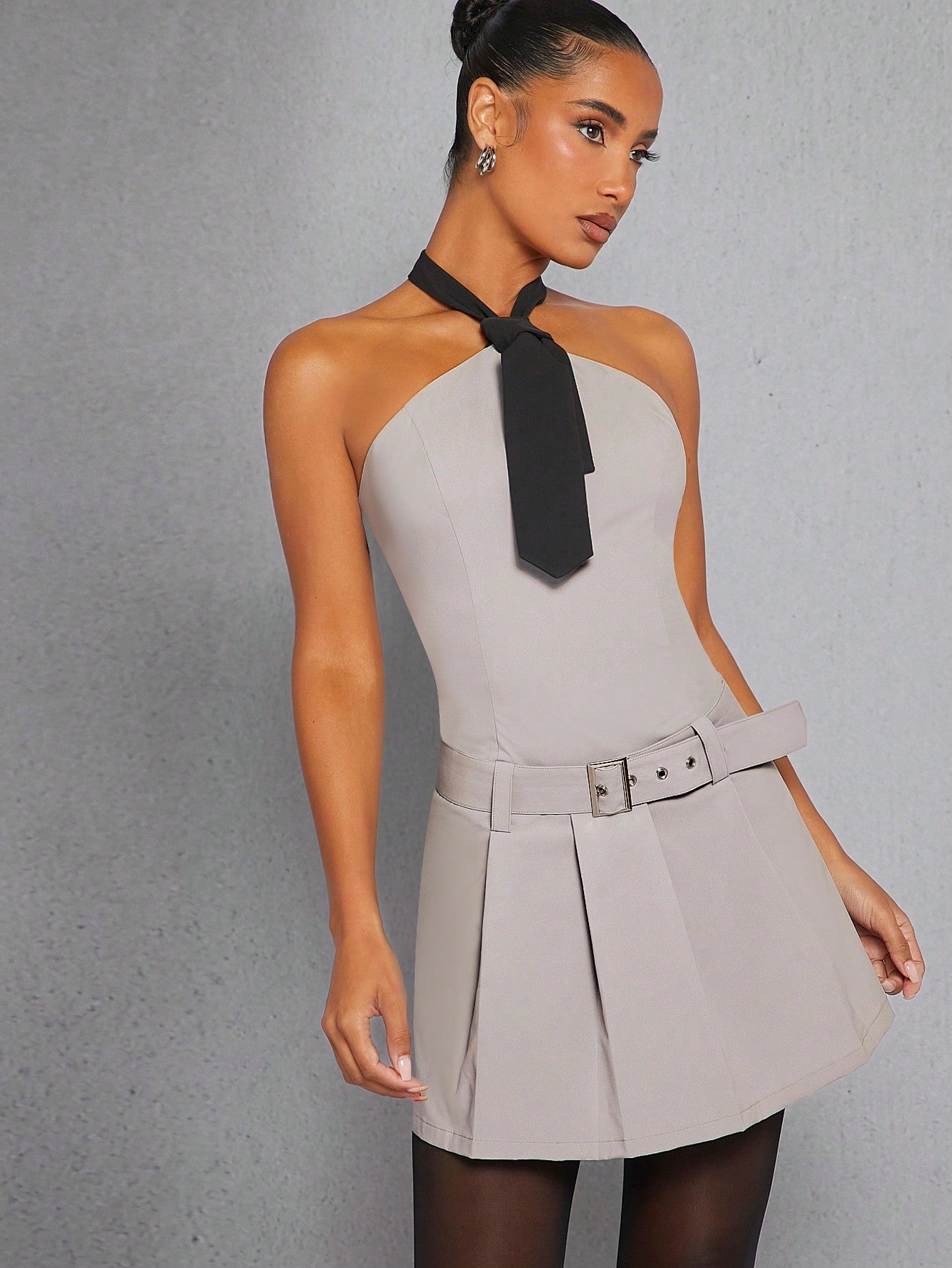 Tie Halter Neck Belted Pleated Dress