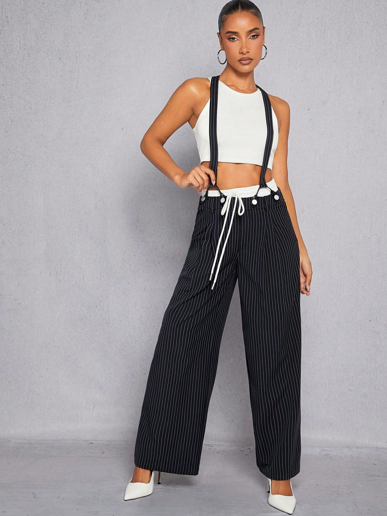 Pinstripe Stacked Waist Overall Pants Summer Sets