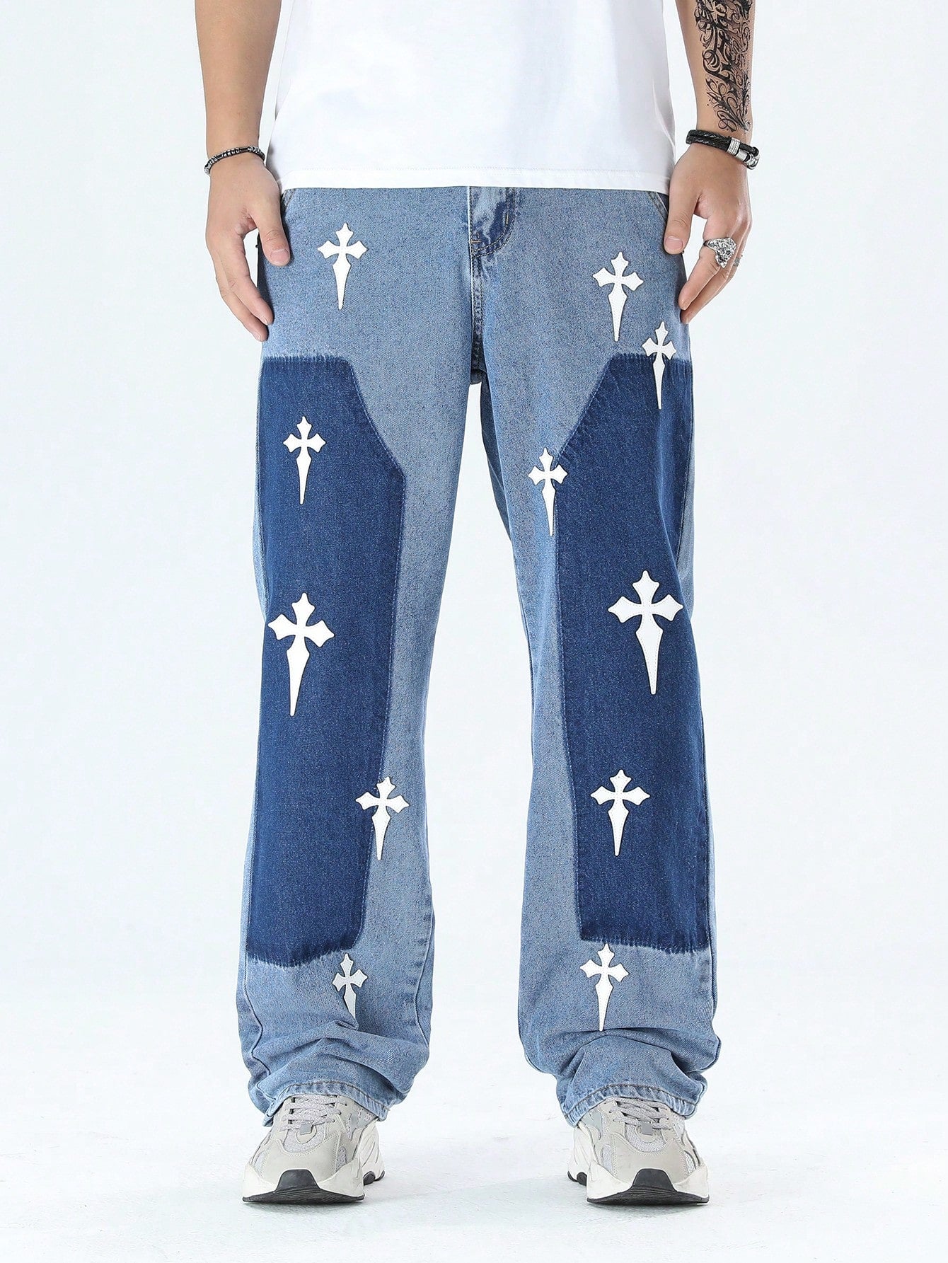 Men's Color Block Patchwork Cross Printed Denim Jeans