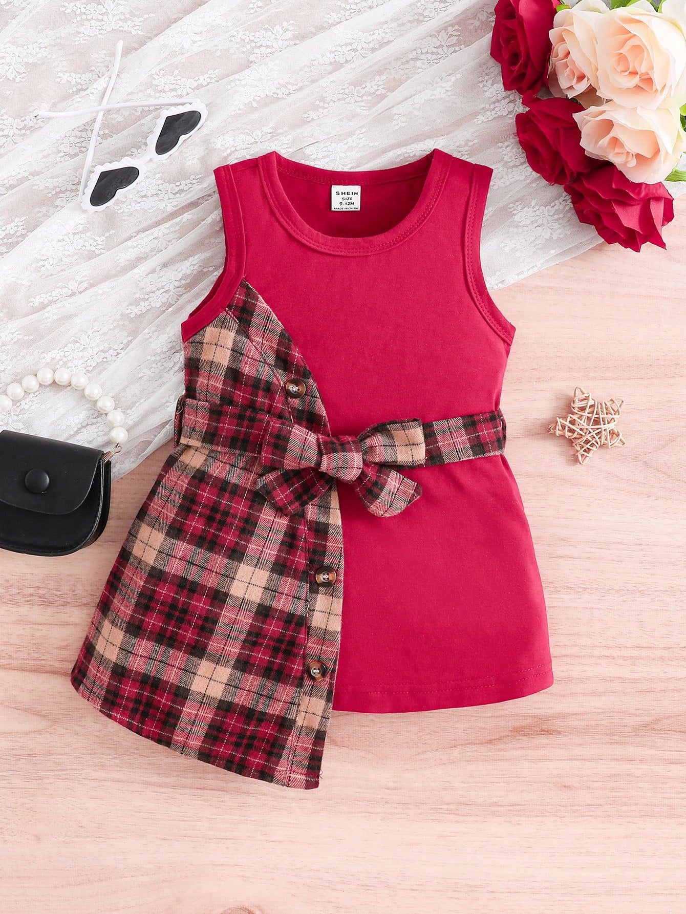 Baby's Solid Color Plaid Splicing Bow Decorated Dress