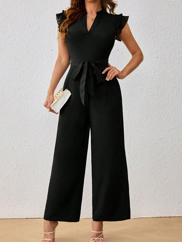 Deep V-Neck Butterfly Sleeve Belted Jumpsuit