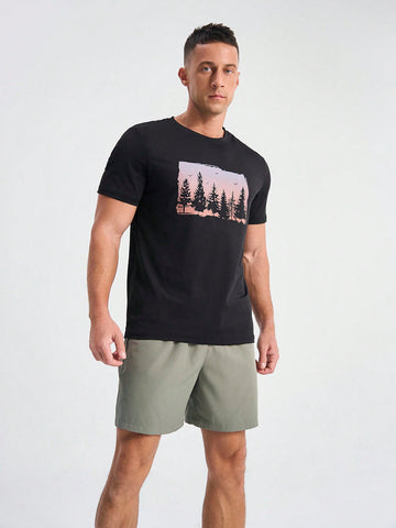 Men's Summer Casual Printed Tree Design Round Neck Short Sleeve Sports T-Shirt