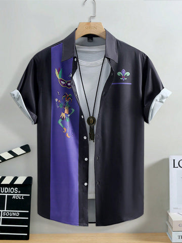 Men's Cartoon Printed Color Block Short Sleeve Shirt For Daily Wear, Suitable For Spring & Summer