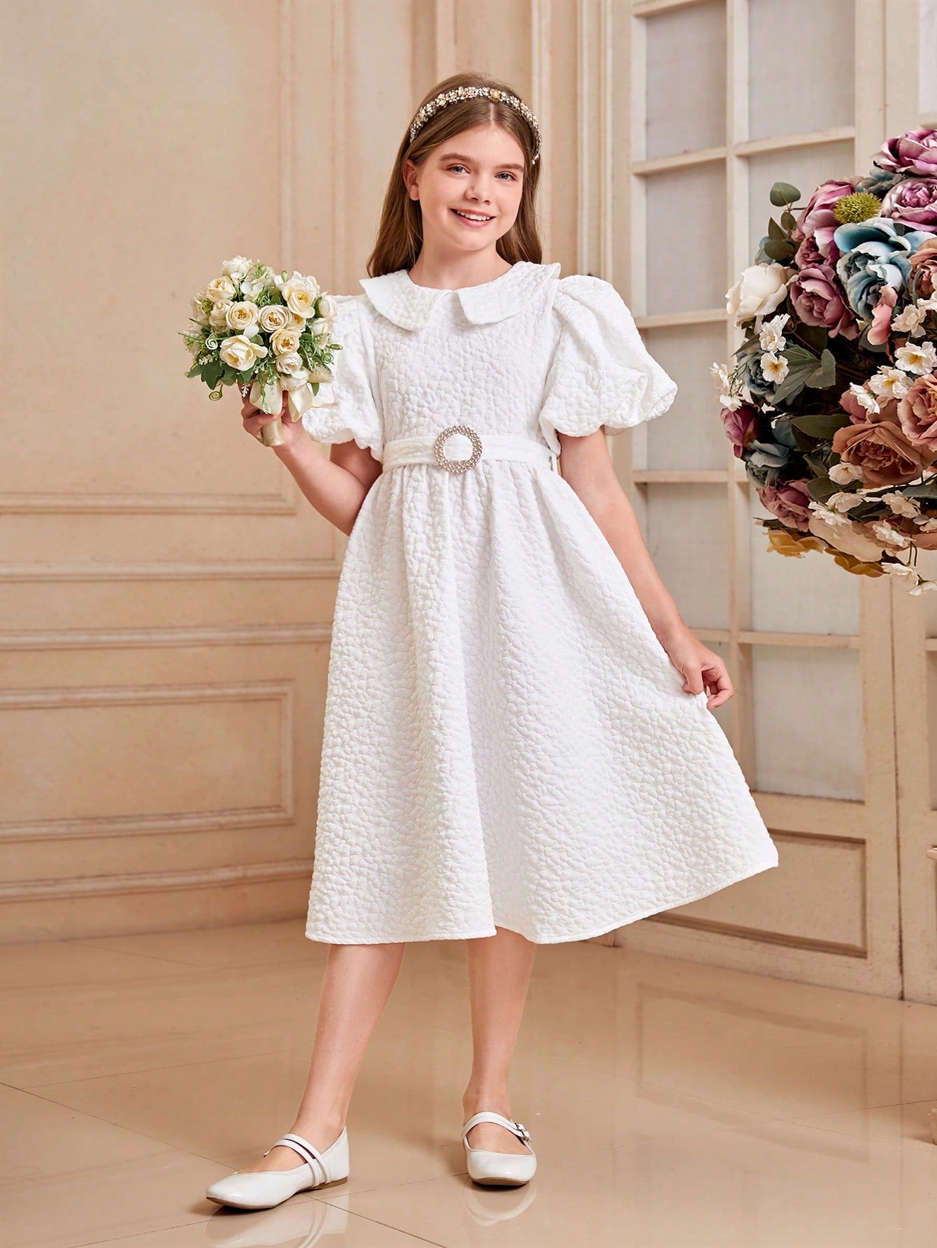 Tween Girl Cute Doll Collar Bubble Sleeve Dress