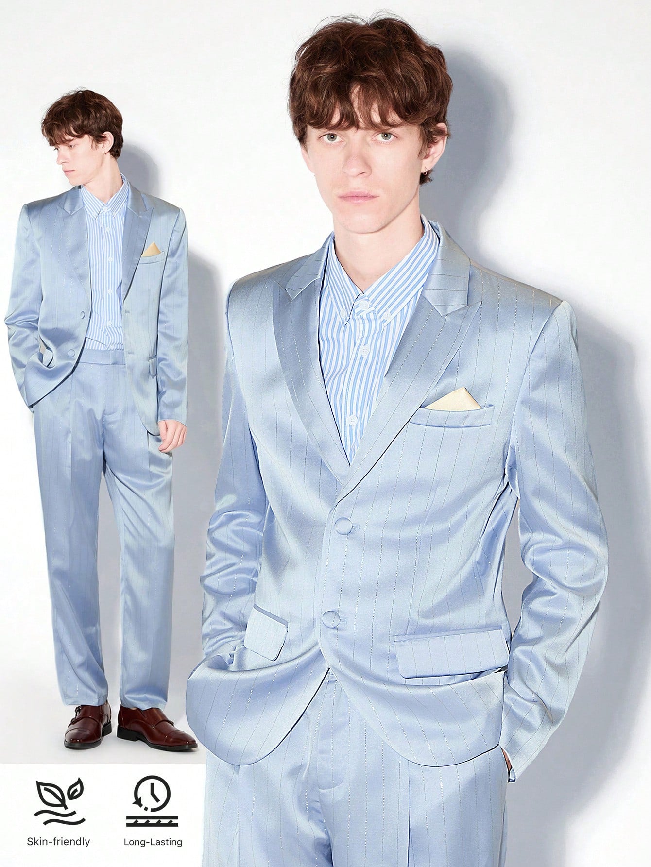 Silver Striped Acetate Satin Woven Business Blazer For Summer