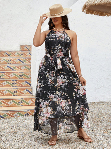 Plus Size Summer Holiday Romantic Chiffon Flower Printed Halter Beach Dress