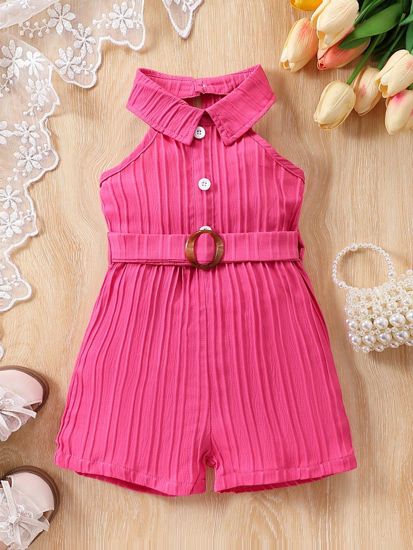 Baby Girls' Spring Summer Holiday Leisure Solid Color Textured Halter Romper With Waist Belt