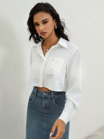 Elegant & Casual Loose Fit Half-Transparent Short Cut Women Shirt With Rhinestones