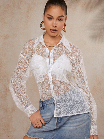 Rose Embroidery Sheer Button Blouse