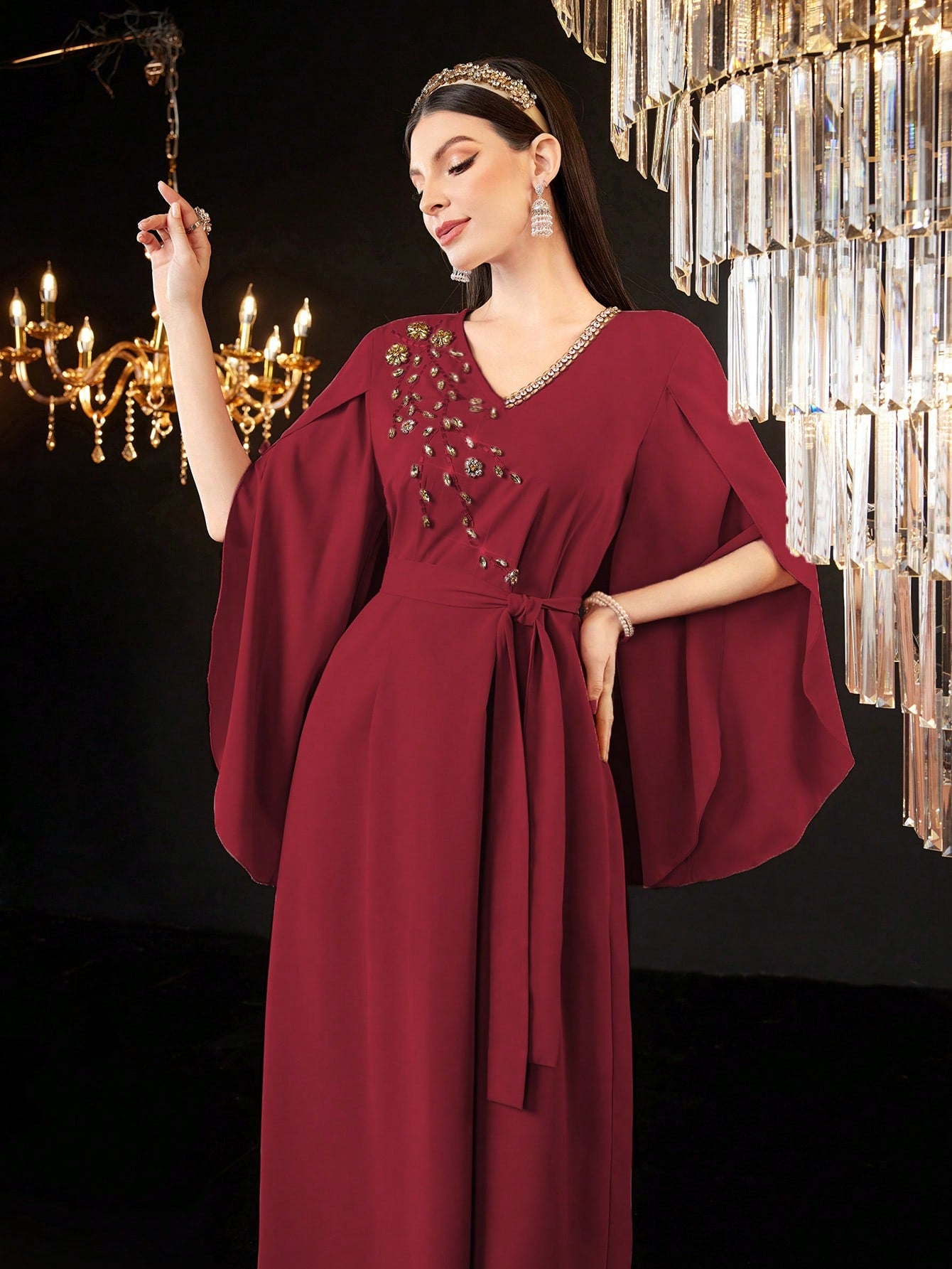 Women's Fashionable Elegant Irregular Long Sleeve Rhinestone Embellished Arabian Style Dress