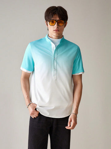 Men's Fashionable Gradient Color Short Sleeve Knit Polo Shirt For Casual Wear